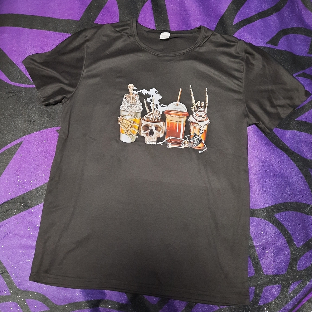 3/15$ Black Graphic T-Shirt with Skeleton and Drink Design